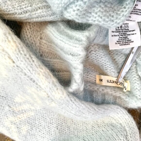 Woolovers Sweater Mock Neck Wool Mohair Pale Blue White Fair Isle Sleeves (XS) - Picture 7 of 7